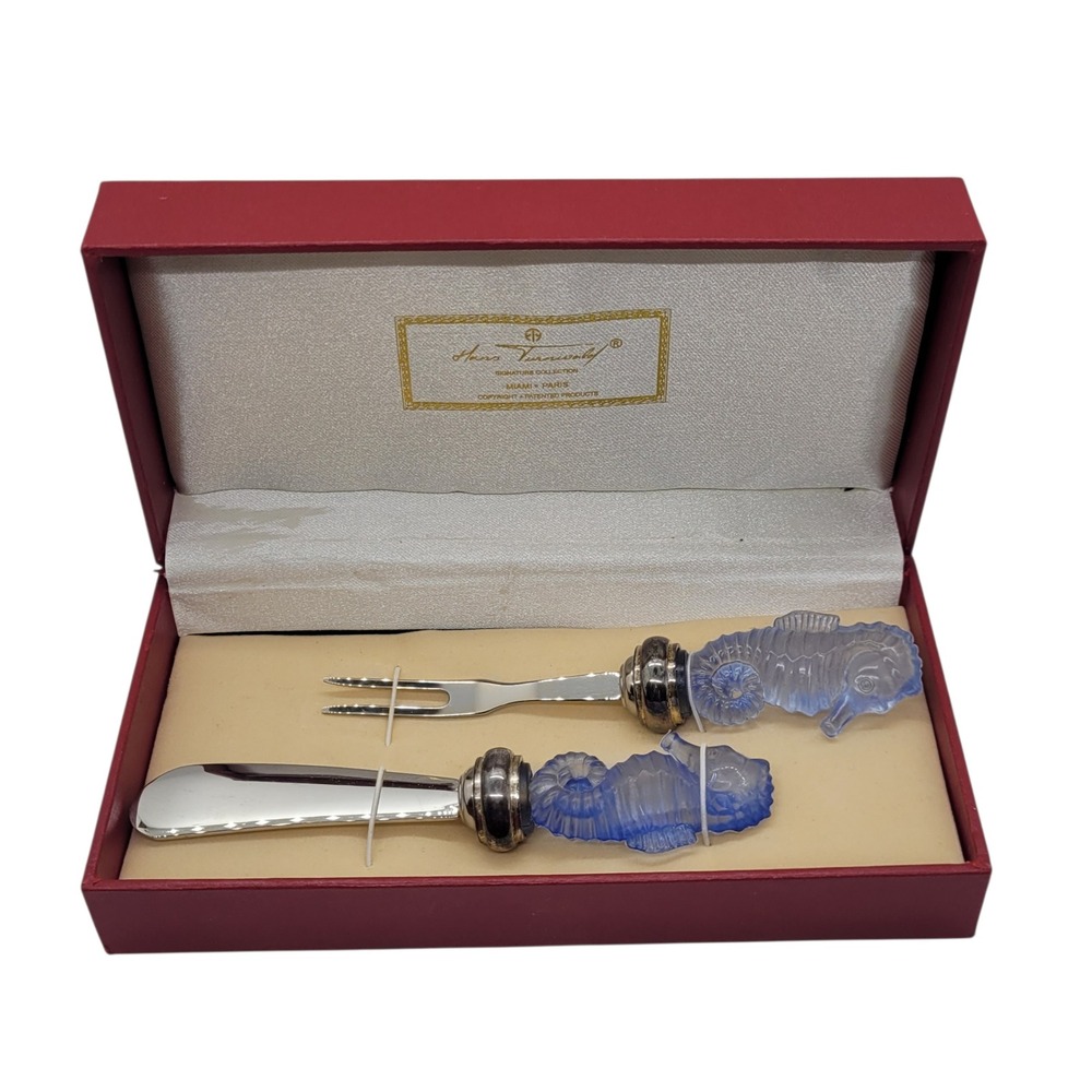 Hans Turnwald Marine Life Seahorse Spreader and Food Pick Set Silver Plated Blue